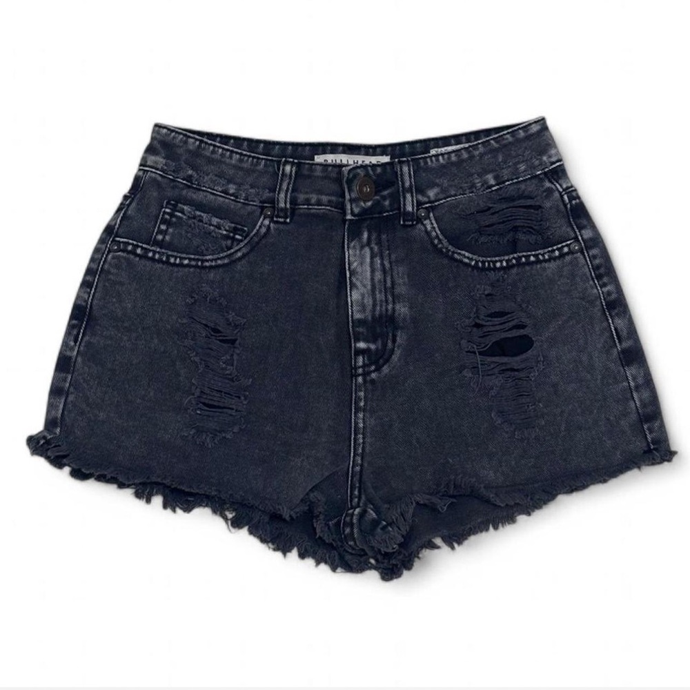 Bullhead Distressed Fringe Gray Black Denim Mom Short size 5